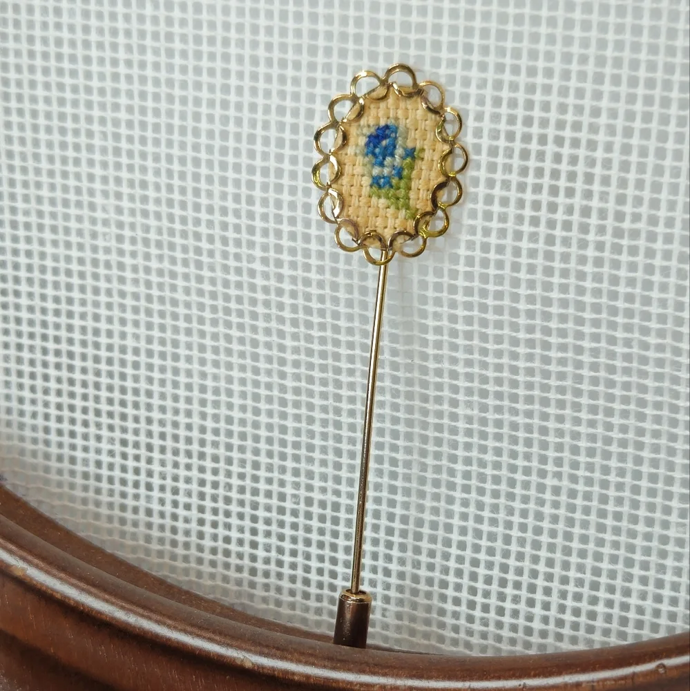 Vintage Blue Flower Cross Stitch Stick Pin Gold Tone